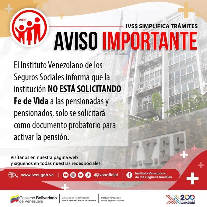 ivssoficial's tweet photo. #Entérate | Informa que la institución NO está solicitando FE de VIDA a las pensionadas y pensionados. SOLO SE SOLICITARÁ como documento probatorio para activar la pensión.

#PorUnSeguroMásSocial 
@MagaGutierrezV
@NicolasMaduro https://t.co/bfmqhw09aX