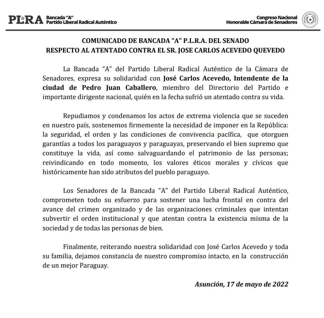 COMUNICADO DE BANCADA “A” P.L.R.A. DEL SENADO RESPECTO AL ATENTADO CONTRA EL SR. JOSE CARLOS ACEVEDO QUEVEDO