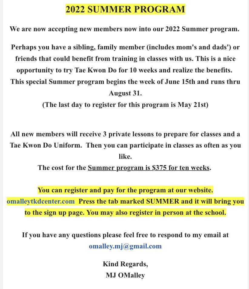 Any of my friends out there want to learn Tae kwon do? Check out the summer Tae Kwon Do program for kids and adults! It’s one of my favorite places to be. ❤️