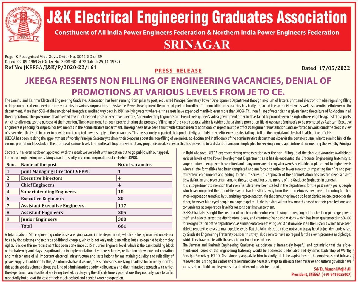 MunshiMajidAli's tweet photo. JKEEGA resents non filling of vacancies, denial of Promotions at various levels from JE to CE. Hundreds of vacancies manned on in-charge basis. Files stuck for months. Humble request to Principal Secretary PDD @nitishwarKumar to kindly expedite the process especially AE to AEE. https://t.co/ncJpSRVqrP
