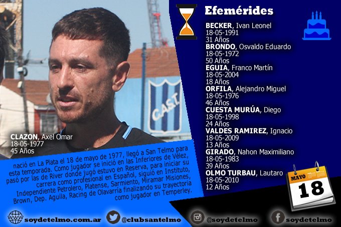 clubsantelmo's tweet photo. ⏳ #Efemerides #M18
👉 El @clubsantelmo le desea feliz cumpleaños a @axelclazon DT del primer equipo de #SanTelmo https://t.co/9DEdUtg6ax