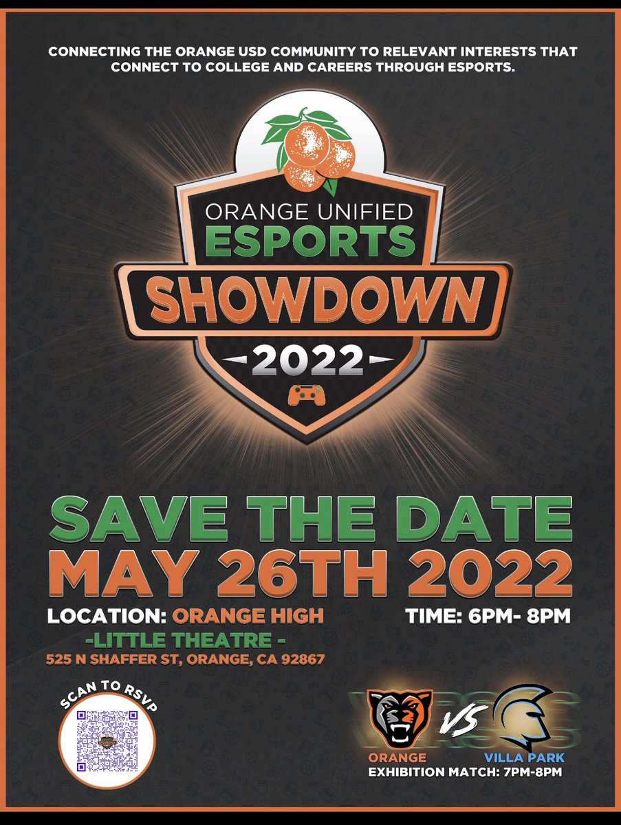 Come be a part of OUSD history to see the inaugural esports showdown between <a href="/VPHSGraphics/">Mr. Larios</a> and <a href="/OrangePanthers/">Orange High</a>. Help support our HS and MS esports teams. #Overwatch