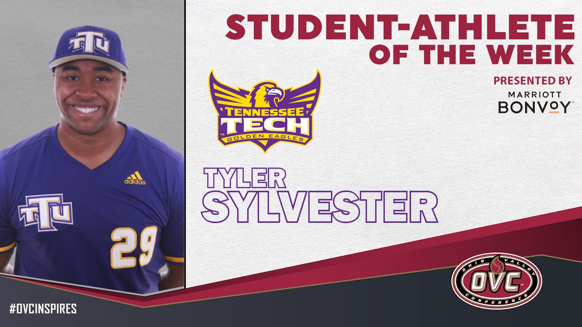 OVCSports's tweet photo. Our @MarriottBonvoy OVC Student-Athlete of the Week is @TNTech_Baseball pitcher Tyler Sylvester (@28_Tyler_28).

Last year he earned the OVC Academic Medal of Honor for his work in the classroom.

https://t.co/fMyGUFUw5o

#OVCinspires | @TTUGoldenEagles https://t.co/R6AnI7Vzgb
