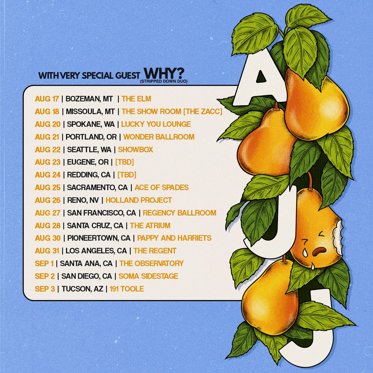 Very thrilled to announce that @yoniwolf and Josiah Wolf will be performing a special stripped-down duo set supporting <a href="/AJJtheBand/">AJJ</a> out to the West Coast this August. 🎟Tickets on sale this Friday 5/20