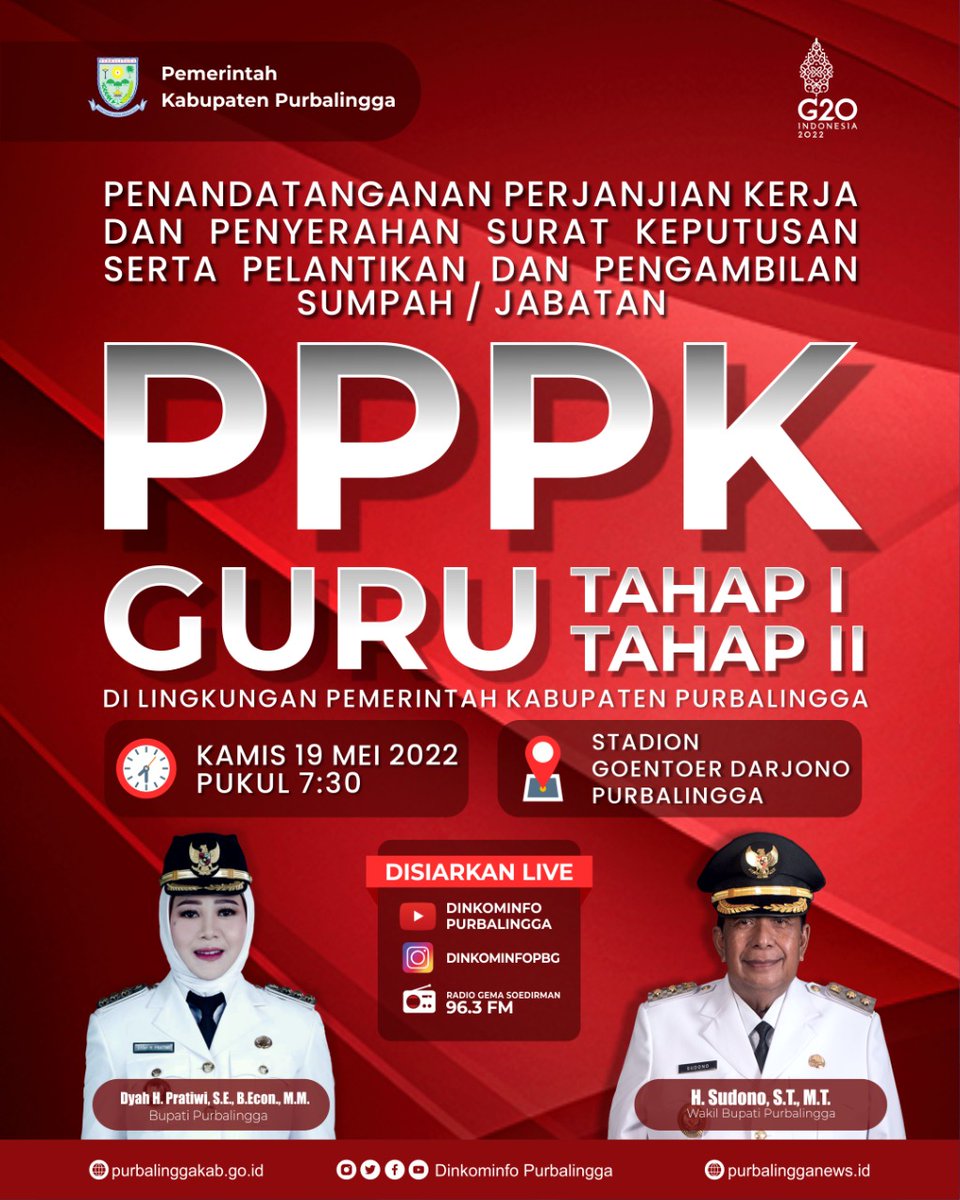 BkdPbg's tweet photo. Penandatangan Perjanjian Kerja dan Penyerahan SK serta Pelantikan dan Pengambilan Sumpah/Jabatan PPPK Guru Tahap I dan II dapat disaksikan secara Live melalui chanel resmi yang ada di bawah ini https://t.co/4PqptzUDFK