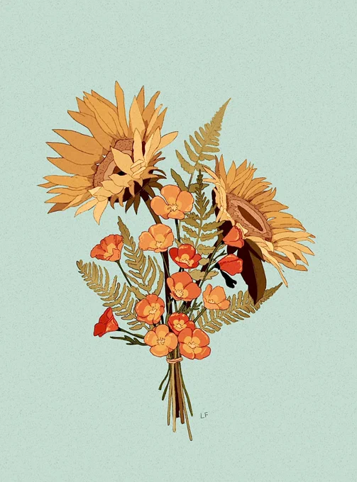 Poppies sunflowers and fern commish 