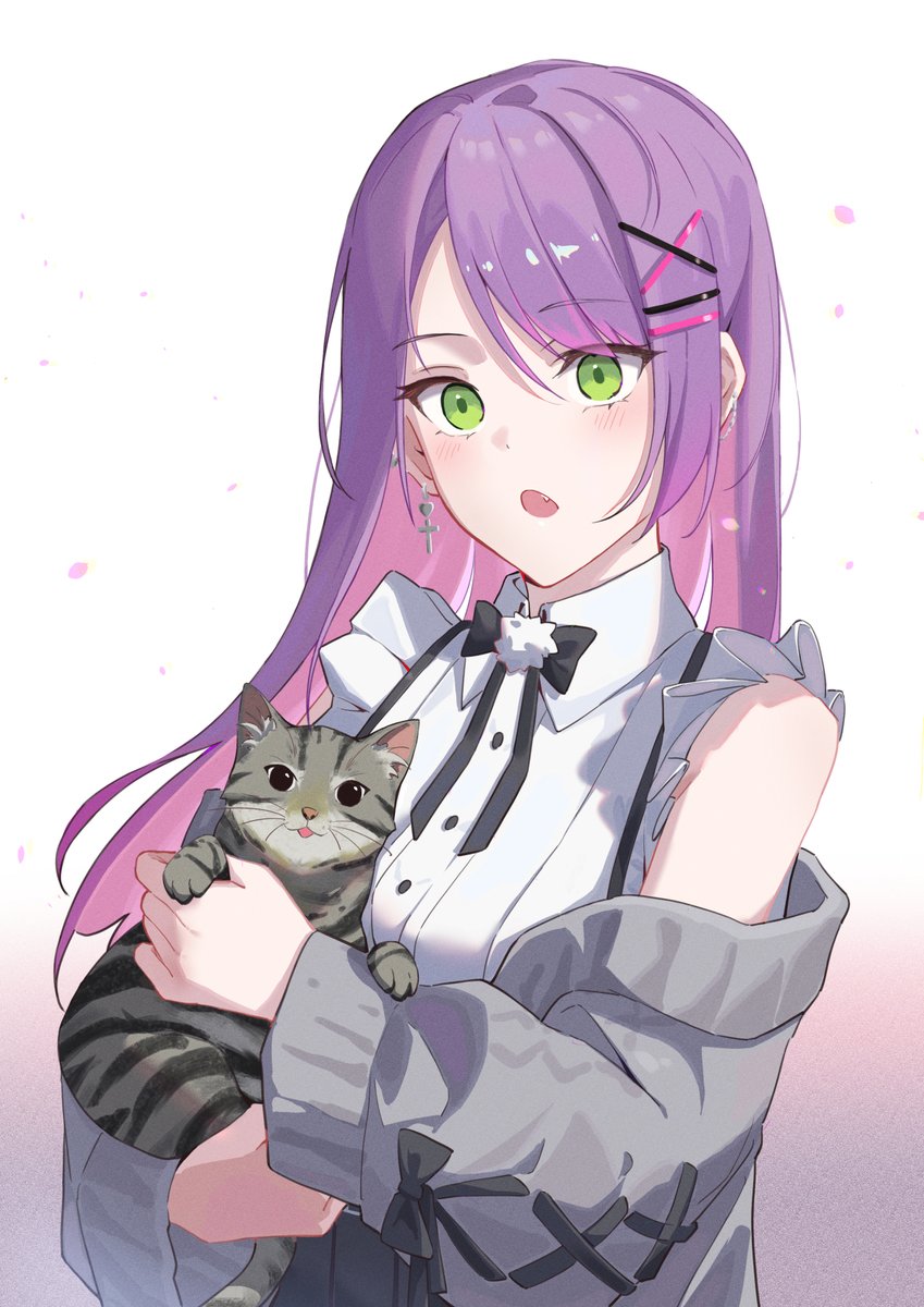 tokoyami towa 1girl holding cat cat purple hair green eyes long hair jirai kei  illustration images