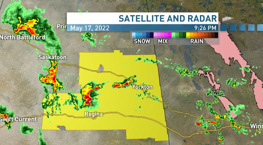 Warnings have dropped for now, but a severe t-storm watch remains in effect for portions of south and central SK. tonight, including Regina, Moose Jaw, Yorkton and Humboldt #skstorm