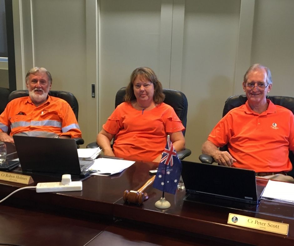 CookShire's tweet image. Cook Shire Councillors Cr Logan, Cr Holmes, and Mayor Scott were snapped at today's Local Disaster Management Group Meeting proudly wearing orange in support of SES Volunteers and Wear Orange Wednesday

#ThankYouSES @QldFES