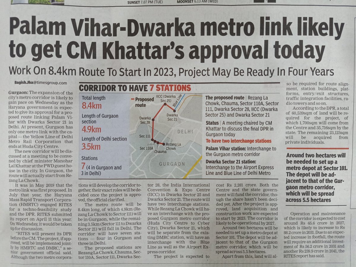 Palam Vihar to Dwarka sector 21 metro route likely to get state government's nod. #Metro #HMRTC #DMRC <a href="/cmohry/">CMO Haryana</a> <a href="/mlkhattar/">Manohar Lal</a>