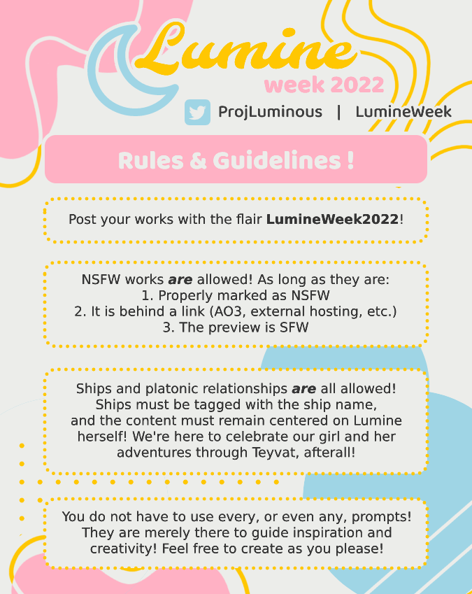 LumineWeek's tweet photo. The LumineMains subreddit will also be hosting Lumine Week 2022, for any Lumine fans who wish to post their content there as well! You can check them out over at https://t.co/r92GsFITpk https://t.co/um5AAqsRDV