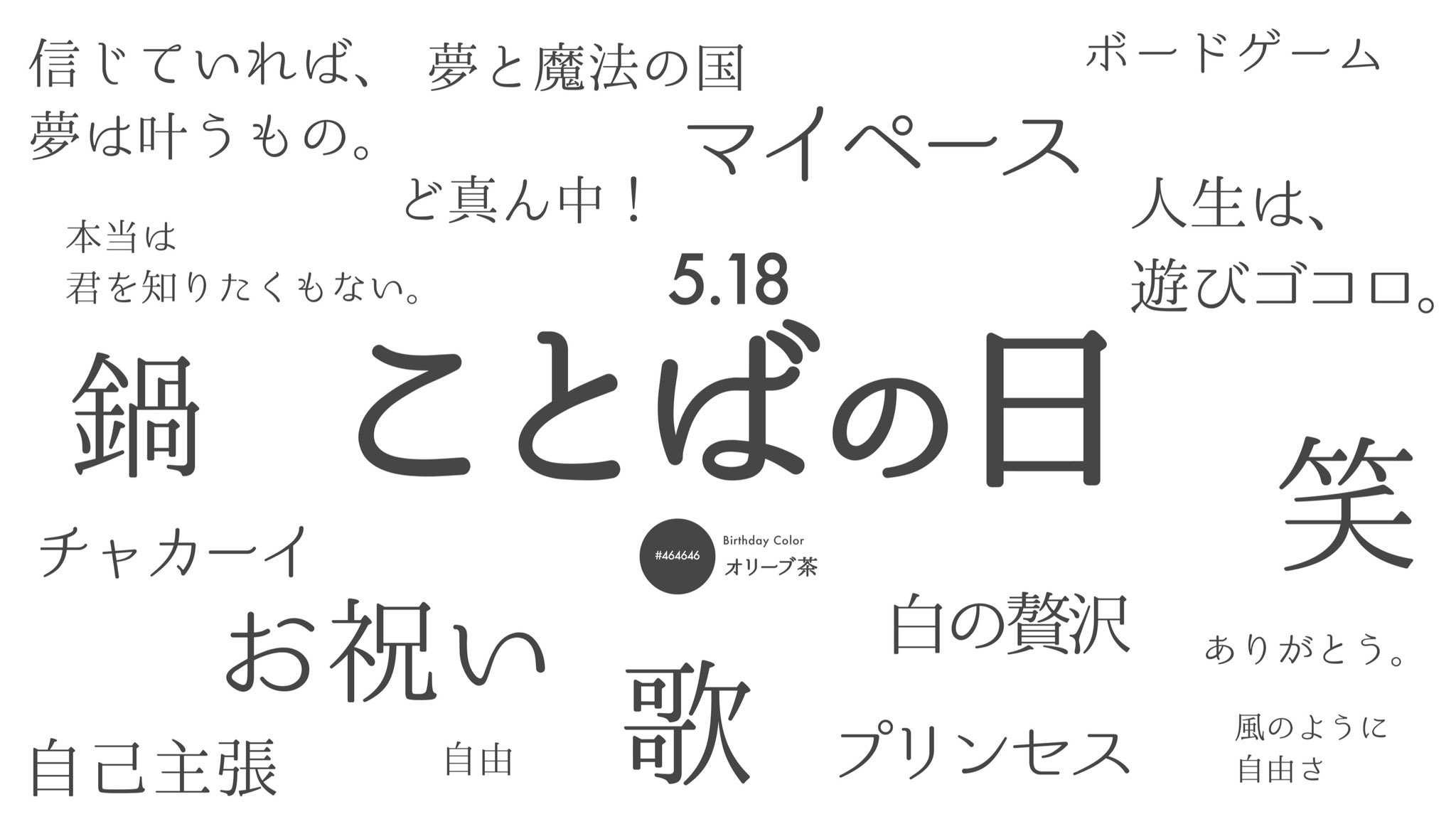 ぷりもえ Sozowデザイナー Sur Twitter 5 18は ことばの日 ということで ぷりもえを構成することばを集めてみました 一部 歌詞あり 今日のカラーは オリーブ茶 バースデーカラー 5月18日 ことばの日 なんちゃってデザイン ひめのギャラリー デザイン