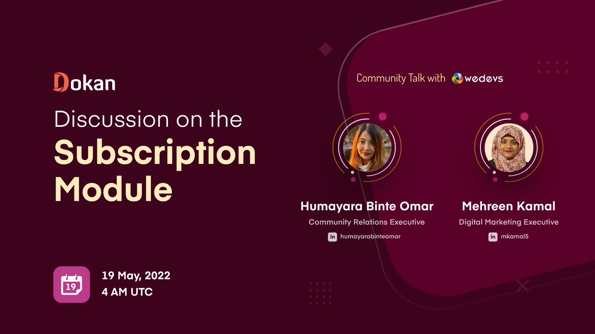 Hey Folks!

We are back with our regular Dokan webinars! 💪This time we are going to discuss the very popular Subscriptions and Product Modules. 
Don’t forget to RSVP to join us 👉 wedevs.com/webinars/regis…

#WordPress #webinars #WordPressCommunity