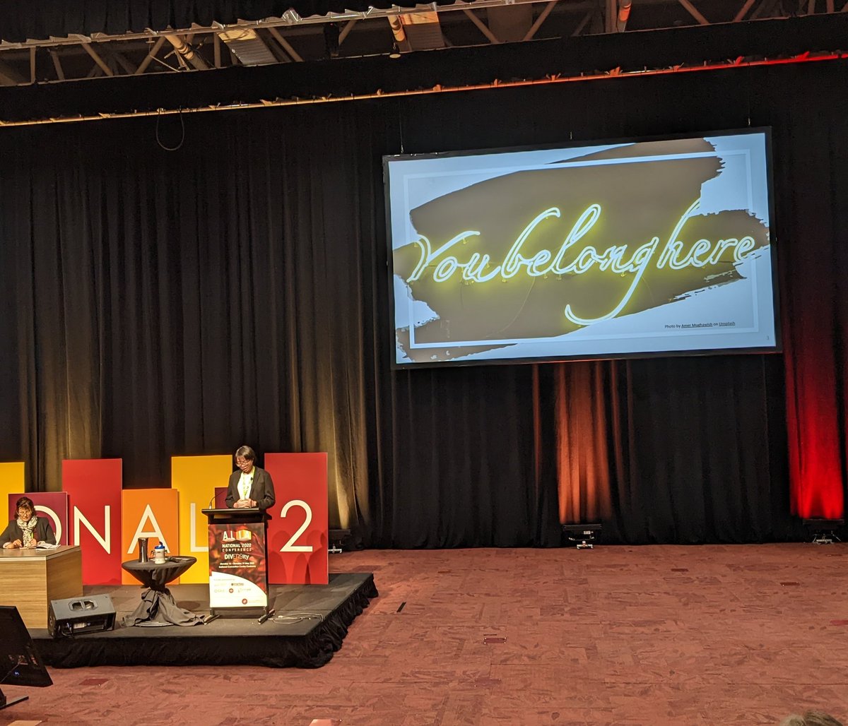 NicLClark's tweet photo. Amazing, generous, honest presentation from Joey Chung @thatcrazyjoey about what true inclusivity and belonging looks like in libraries and why it matters. Thank you very much. #national2022 @aliaconference https://t.co/bBS8b2I0kM