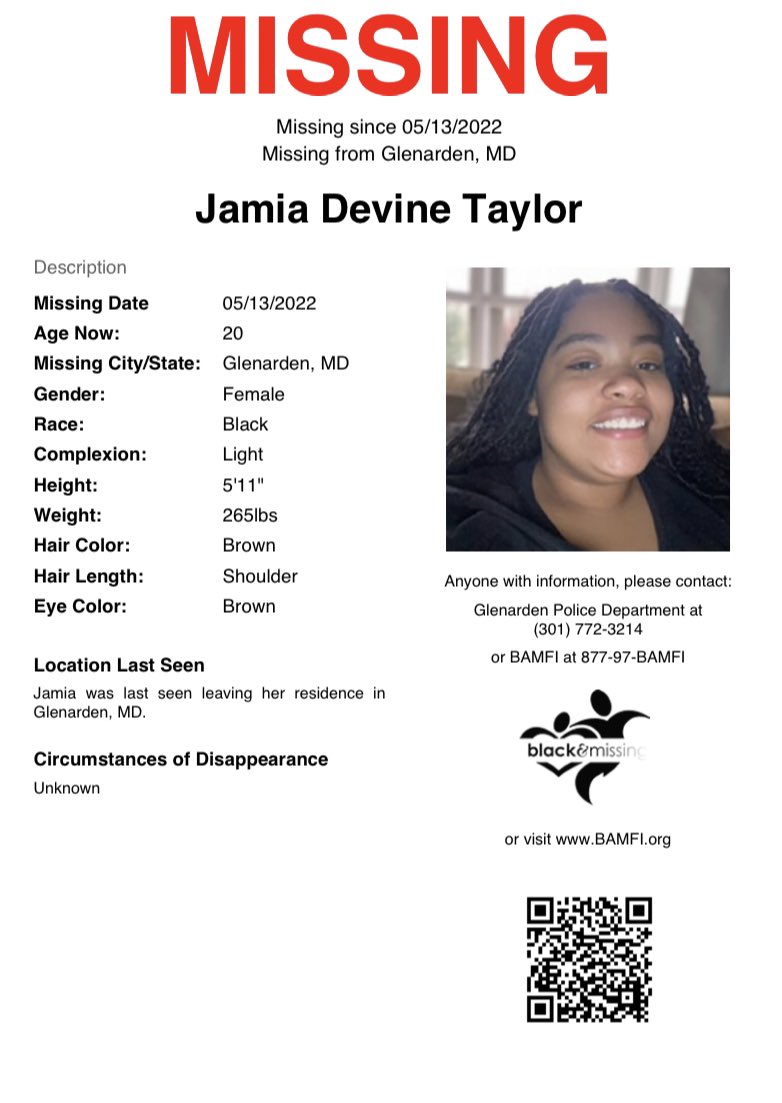 BAM_FI's tweet photo. #Glenarden, MD: 20y/o Jamia Taylor was last seen leaving her residence in Glenarden, MD.

#HelpUsFindJamia #JamiaTaylor @PGPDNews https://t.co/jYBM91L2Nj