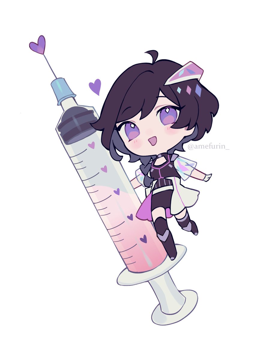 1girl solo chibi syringe purple eyes black hair smile  illustration images