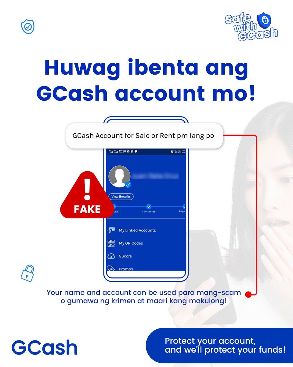 gcashofficial's tweet photo. NEVER sell your GCash account! Maaaring magamit ang pangalan at account mo for scamming nang hindi mo alam! Make sure na ikaw lang ang may access sa GCash mo para hindi ka masangkot sa kahit anong illegal transactions. #SafeWithGCash
#LifeIsGPaRin https://t.co/yNw1kPATw2