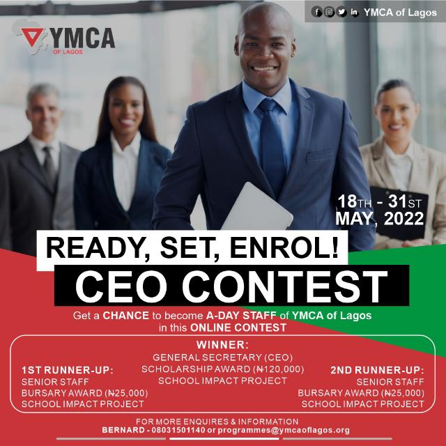 LagosYMCA's tweet photo. The YMCA of Lagos has organized an Online Contest for Secondary School Students to get a chance of being a 1-day Staff of the YMCA of Lagos & win prices as entrenched in the flyer above.
Starts 18th - 31st May, 2022 via Instagram https://t.co/otvwsCc8Nm
#YMCA
#CEOContest
#EndSARS https://t.co/MAW3m7TmhH