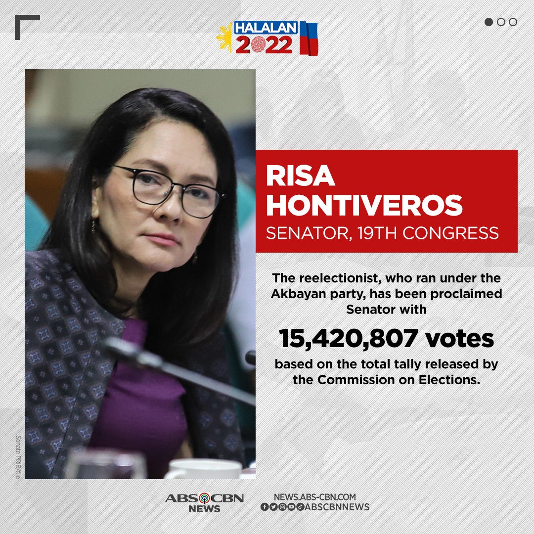 ABSCBNNews's tweet photo. Reelectionist Sen. Risa Hontiveros is the lone opposition candidate who won in #Halalan2022. She is expected to be part of the Senate minority bloc.

Related: https://t.co/nevDVJUFGT https://t.co/2ipwOEqBQT