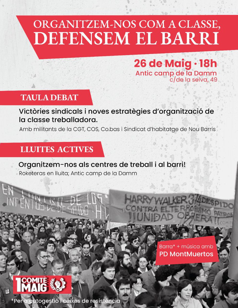 ✨Per què és important estar organitzades com a classe treballadora?
✨Què hem conseguit fins ara?
✨Quines noves estratègies ens són útils?

🗓️26 de maig
🕕 18h
📍Espai alliberat de l'antic camp de la Damm
