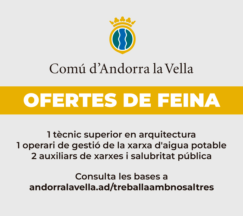 AndorraCapital's tweet photo. 📣 El Comú d'Andorra la Vella ofereix diversos llocs de treball. Per a més informació cliqueu aquí 👉 https://t.co/phWMzmBFgH https://t.co/wfDCw5Npxk