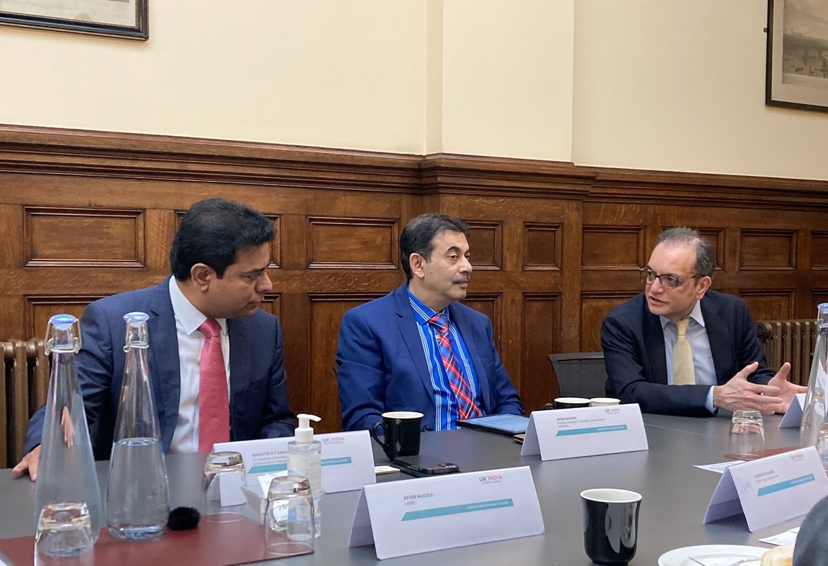UKIBC's tweet photo. We begin an exciting 3-day agenda with @KTRTRS and Gov of Telangana in the UK with a roundtable of business leaders across education, aerospace, manufacturing, and more.

In 7 years Telangana has attracted more than USD 35 bn to the state thanks to its brilliant skills and #eodb https://t.co/CGTkBfgej6
