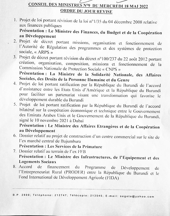 Les Membres du Gouvernement du #Burundi se réunissent en Conseil des Ministres sous les auspices du Chef de l’Etat SE Evariste #Ndayishimiye. Neuf points sont à l’ordre du jour dont le projet de construction d’un centre commercial sur le site de l’ex marché central de #Bujumbura.