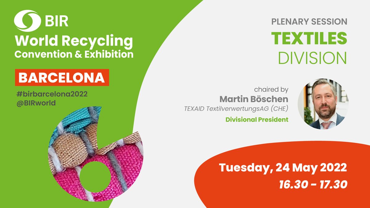 BIRworld's tweet photo. 📢#BIRBarcelona2022: Join us at the upcoming BIR #Textiles Division meeting for a #statusreport on all the latest #marketdevelopments, successes and challenges, including the imminent step-change in Europe with mandatory separate collections by 2025.
👉 https://t.co/kunrHXPaft https://t.co/Wb4clIER37