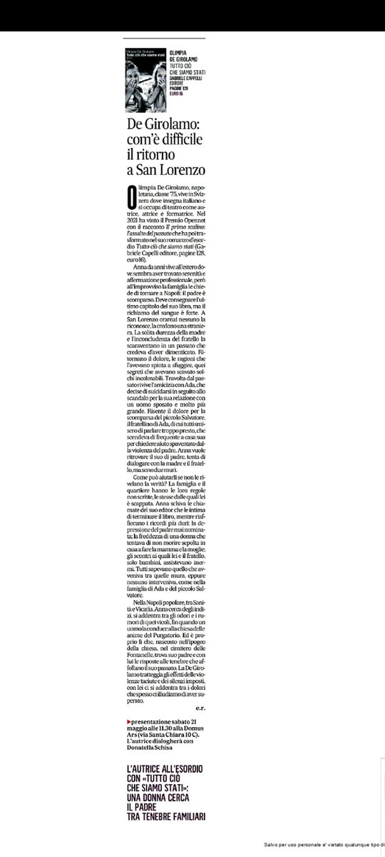 Su Il Mattino parlo del bel romanzo di Olimpia De Girolamo (Gabriele Capelli) "Tutto ciò che siamo stati"
<a href="/CasaLettori/">Casa Lettori</a> <a href="/danisetta/">Danisetta Rocchi</a> <a href="/CasulaGiuliana/">Giuliana</a> <a href="/Matteo__BG/">Matteo Bugliaro ✏</a> <a href="/RoPecoraro/">Roberto Pecoraro</a> <a href="/booklovers_dv/">booklovers_dv</a> <a href="/LuciaLibri/">LuciaLibri</a> <a href="/lucy_esposito/">Lucia Esposito</a> <a href="/marinellazetti/">Marinella Zetti🏳️‍🌈</a> <a href="/Nerys__/">Elisa_Rubertelli 📚</a> <a href="/letteratume/">Letteratume</a> <a href="/alevalsecchi/">Alessio Valsecchi</a> <a href="/redne2013/">Ella 🇮🇹</a>