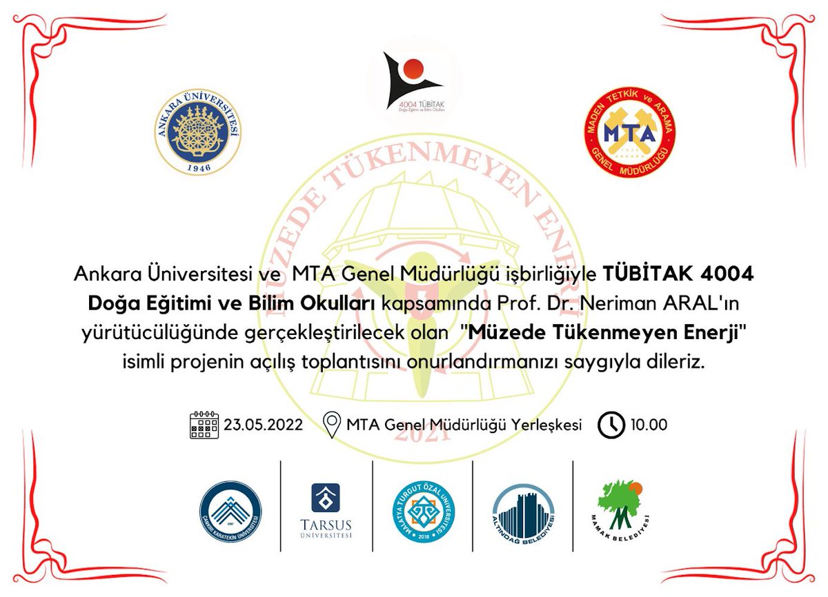 Muzedeenerji's tweet photo. Sayın Başkanım, MTA Genel Müdürlüğü yerleşkesinde gerçekleştirilecek olan "Müzede Tükenmeyen Enerji" isimli projemizin açılış toplantısını onurlandırmanızı saygıyla dileriz.

@MuratKoseMamak
@MamakBelediyesi https://t.co/89fo0Hb4mf