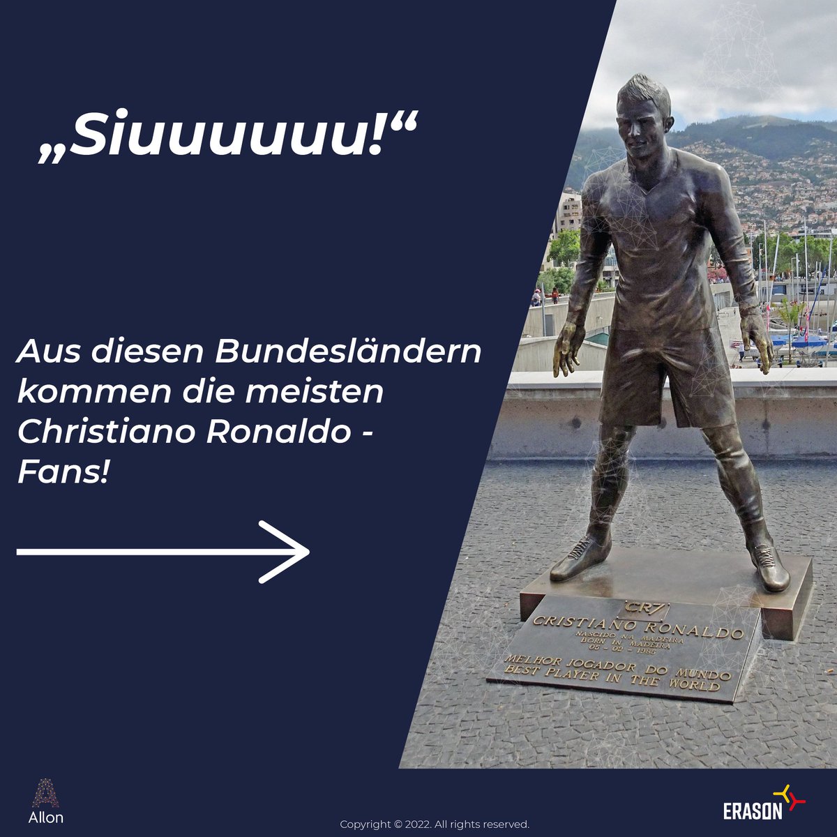 AIlon_stats's tweet photo. Der portugiesische Fußballspieler hat weltweit viele Fans. Welches Bundesland die meisten Fans hat, seht ihr in unserem heutigen Post!

#ki #statistics #mediaplanung

Foto von: Abby M. - Eigenes Werk, CC BY-SA 3.0, https://t.co/d9fQIhcuYV https://t.co/NSfCez1GRY