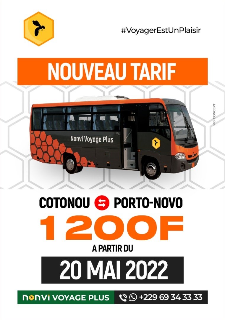 NonviVoyagePlus's tweet photo. 🚨 NOUVEAU TARIF 🚨
Nous informons notre aimable clientèle du #changement du tarif #Cotonou 🔄 #PortoNovo à 1.200f, à compter du 20 Mai 2022.
#NonviVoyagePlus, Voyager est un Plaisir.
#NVP #DepartChaque30Minutes #Ponctualité #Voyage #BusClimatisé #WifiGratuit #NouveauTarif #Benin https://t.co/uZtNdAk16P