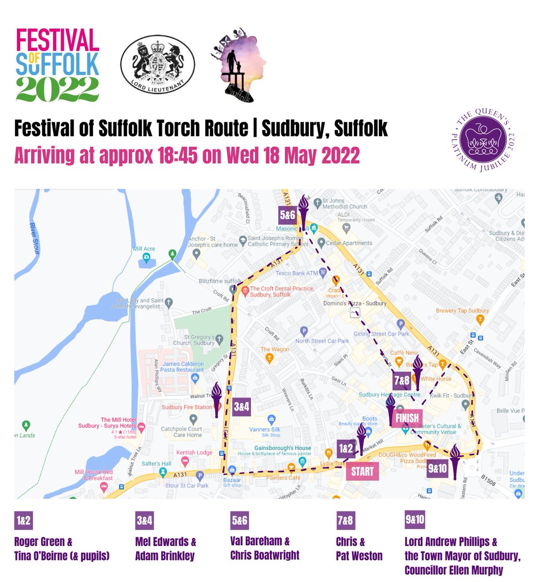 This evening the <a href="/SuffolkF2022/">Festival of Suffolk 2022</a> torch relay for #HM70 comes to Sudbury!
 
At approx 6.45pm the relay will reach Market Hill #sudburysuffolk join us in celebration as 9 nominated local heroes will carry the torch around a short loop around Sudbury. 

route> sudburytowncouncil.co.uk/jubilee