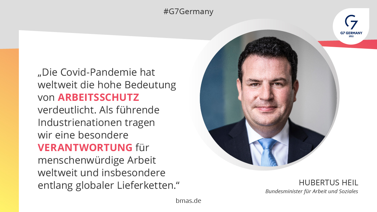 BMAS_Bund's tweet photo. Globale Lieferketten erfordern globale Verantwortung: Wir nutzen die G7-Präsidentschaft & das Arbeitsminister*innen Treffen am 24.5. in Wolfsburg, um verbindliche internationale Standards für #Wirtschaft und #Menschenrechte in den Fokus zu nehmen.
https://t.co/SlhWHyfOAY #G7GER https://t.co/Bb7KXn9prx