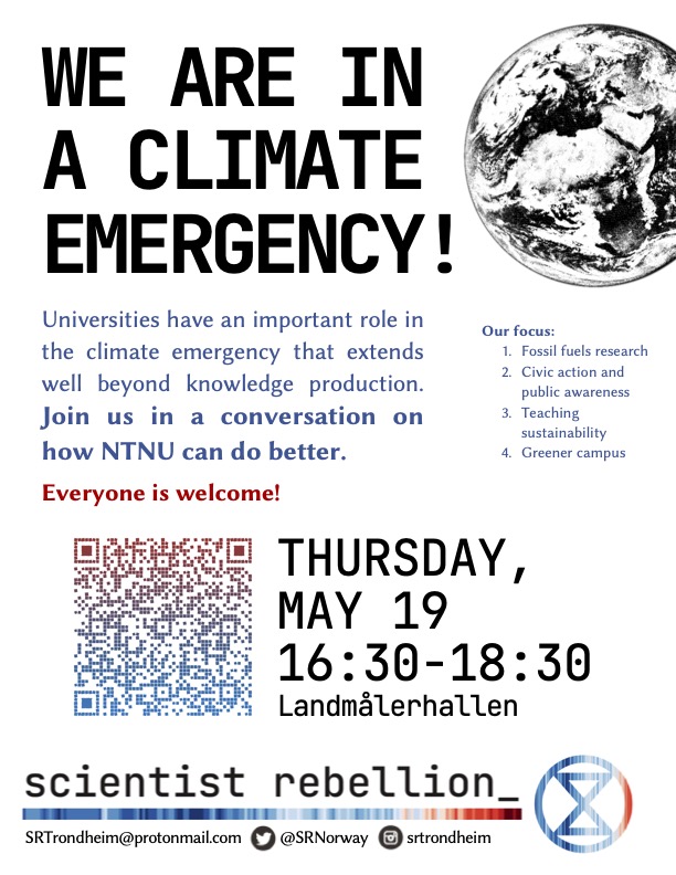 Everybody in #Trondheim, join us tomorrow, 19th of May at 16:30!

#ScientistRebellion #ClimateCrisis 
<a href="/NTNU/">NTNU</a> <a href="/NTNU_ET/">NTNU Energy Transition</a>