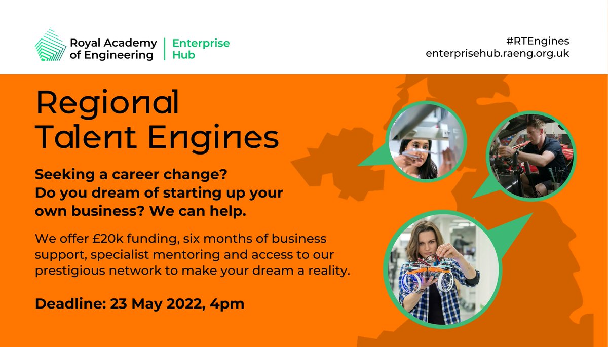 Just a few weeks until the deadline - have an innovative idea? The Regional Talent Engines provides college leavers with technical qualifications OR practising engineers seeking a career change, to develop their engineering idea into a #startup: enterprisehub.raeng.org.uk/programmes/reg… #RTEngines