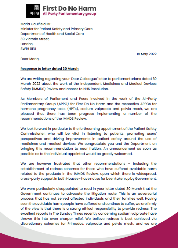 APPGFDNH's tweet photo. Chairs @JuliaCumberlege and @Jeremy_Hunt and our supporters have written to the #PatientSafety Minister urging the govt to reconsider its continued advocacy for a litigation route for those harmed by #Primodos, #sodiumvalproate and #mesh. https://t.co/2jcyRgSYFx https://t.co/IeTsxKXU3L