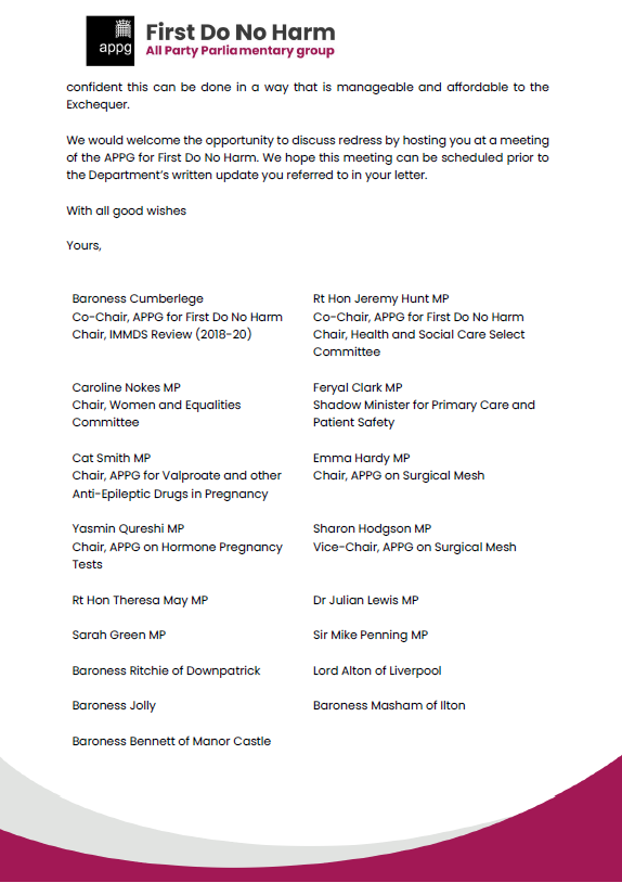 APPGFDNH's tweet photo. Chairs @JuliaCumberlege and @Jeremy_Hunt and our supporters have written to the #PatientSafety Minister urging the govt to reconsider its continued advocacy for a litigation route for those harmed by #Primodos, #sodiumvalproate and #mesh. https://t.co/2jcyRgSYFx https://t.co/IeTsxKXU3L