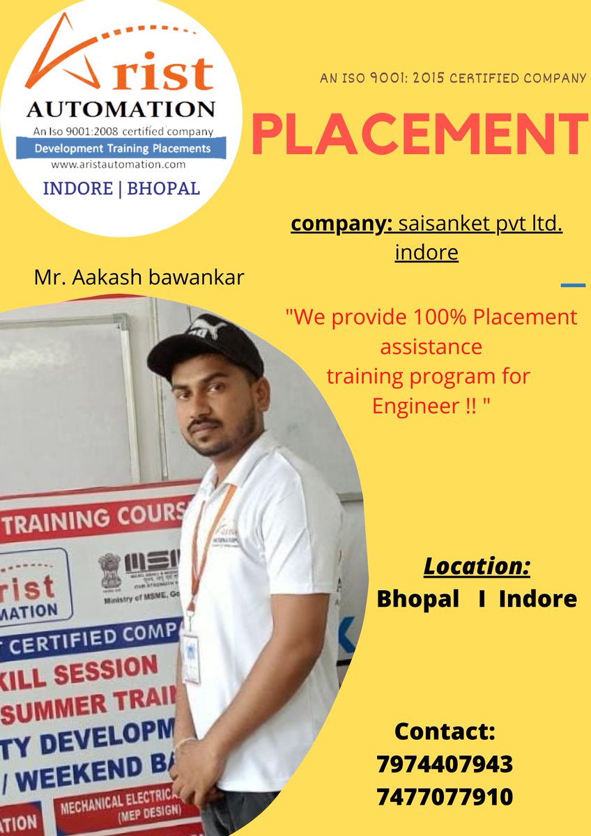 Aristplc's tweet photo. Arist Automation PLACEMENT 
Name: Mr. Aakash bawankar
company: saisanket pvt ltd. Indore

"We provide 100% Placement
assistance training program for
Engineer !!"

Apply: https://t.co/lKnCnynZFb
Contact: 7974407943 7477077910
.
#placement #industrialautomationplacement #job https://t.co/WE3JmPHgpa