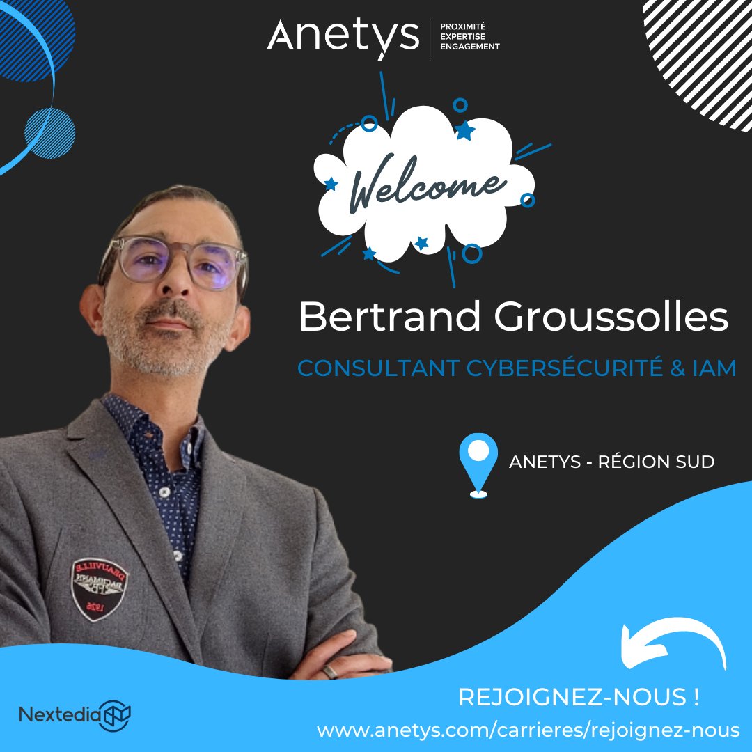 Le #recrutement se poursuit chez <a href="/Anetys_FR/">Anetys_FR</a> !

#Bienvenue à Bertrand GROUSSOLLES qui rejoint la région sud en tant que #Consultant. Bertrand possède une solide expérience en #Cybersécurité et #Gouvernance du #SI.

Nous lui souhaitons une très belle aventure ! 

#Iciçarecrute #Job