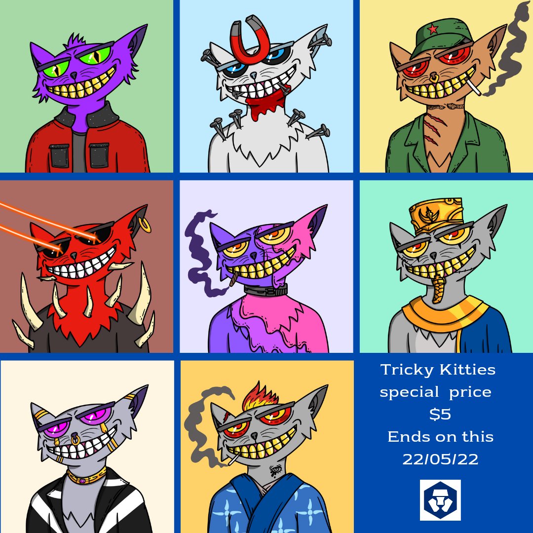 Tricky Kitties Sale !!! 🔥
💎Reduce price to $5 (Rare $10)
From 14 - 22 / 05 / 22
Check this 👇 
crypto.com/nft/collection…
#NFT #cro #crofam #CronosNFT #CRONOSCHAIN #NFTcollections #NFTCommmunity #NFTTHAILAND #NFTcollectibles #NftColllectors #NFTdrops #NFTProjects #NFTMarketplace
