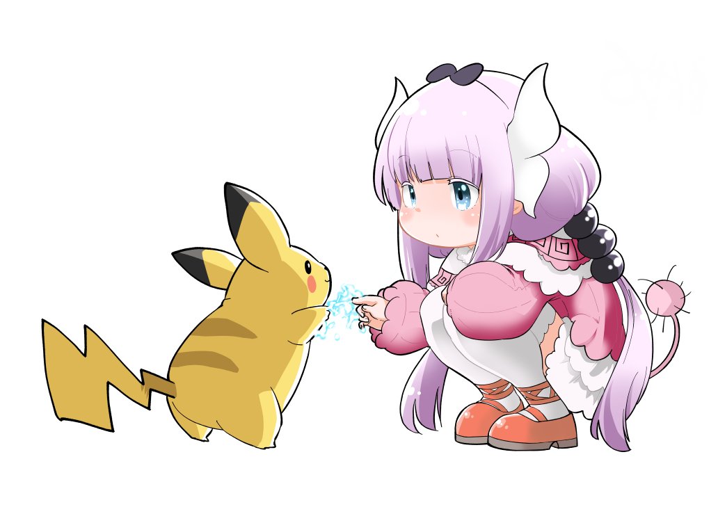 kanna kamui ,pikachu 1girl pokemon (creature) crossover electricity tail blue eyes long hair  illustration images