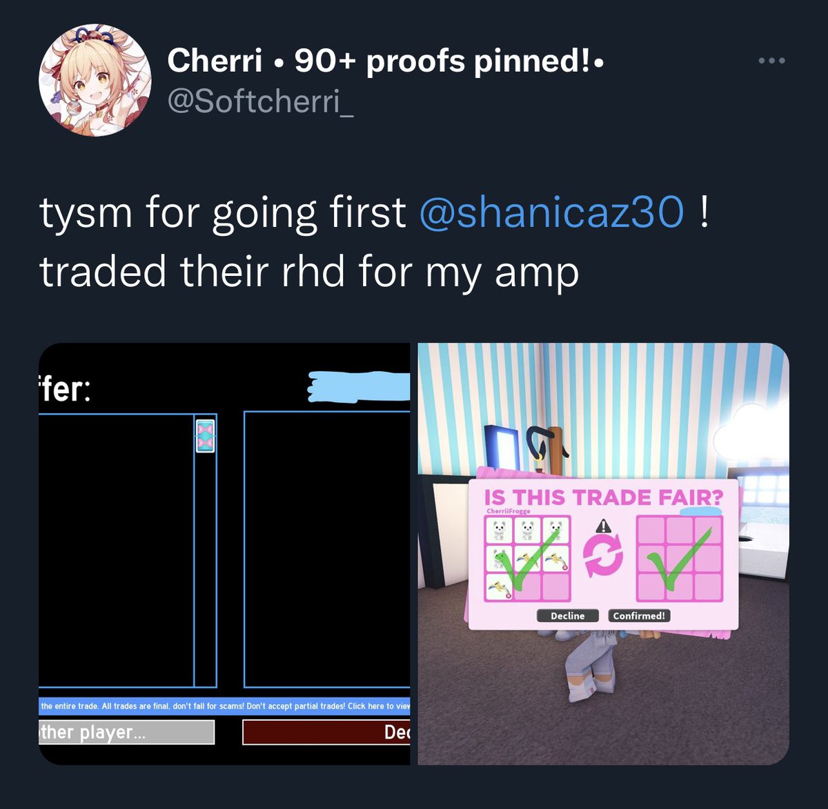 shanicaz30's tweet photo. @Softcherri_  is trusted! I went first with the RHD and she give me the pets right after TYSM https://t.co/NfPWr6C1D1