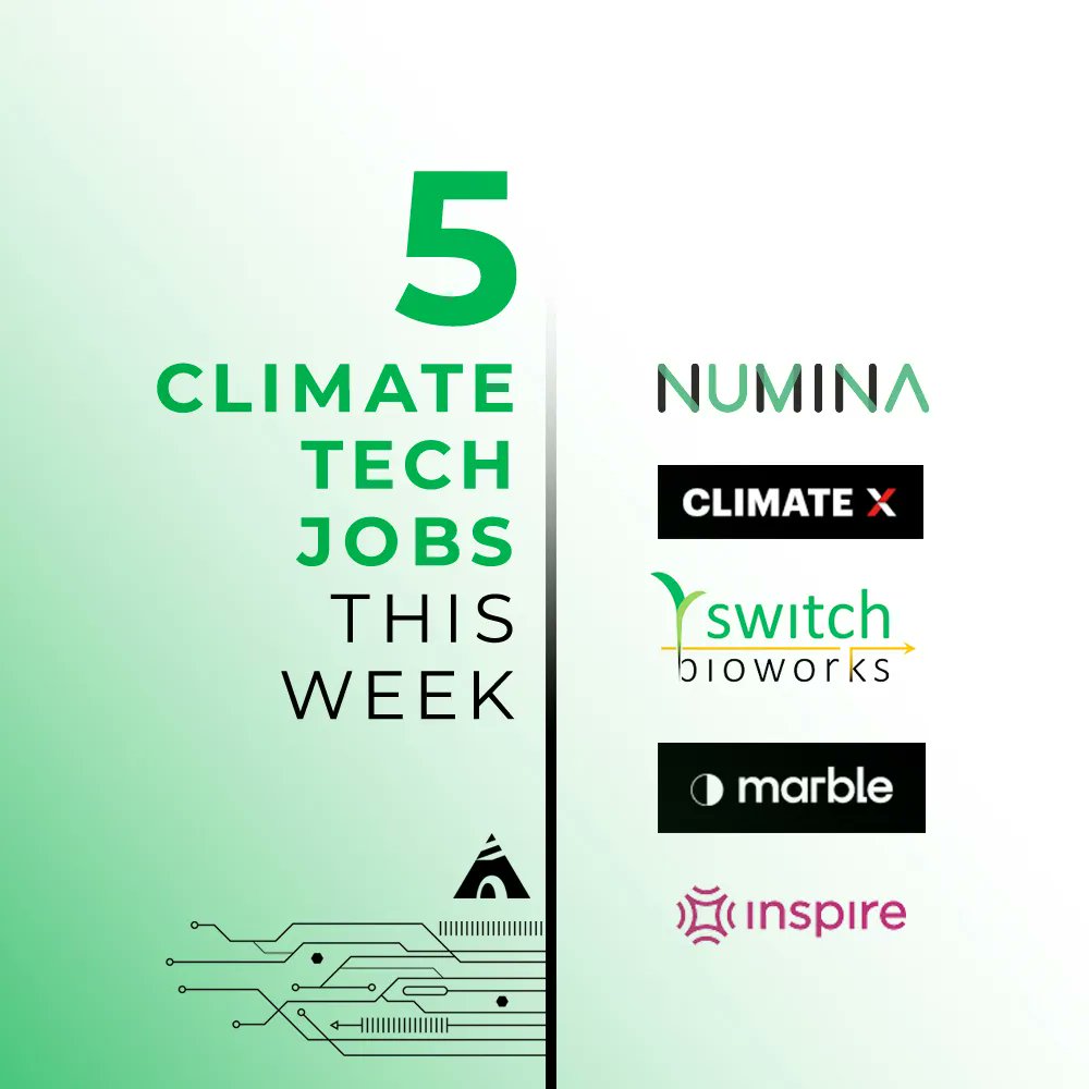 🛠️ Want a job in #climatetech? 
Here are five #startups hiring this week: 
💻 <a href="/numina/">Numina</a> 
🌎 <a href="/MarbleClimate/">Marble</a> 
🌪️ <a href="/ClimateXLtd/">Climate X</a>
🔬 Switch Bioworks 
🌟 <a href="/inspire_energy/">Inspire Clean Energy</a> 
Want to hear about more climate jobs? Sign-up for our newsletter: buff.ly/3wzAkQ7
#techjobs