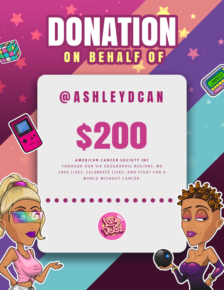Laydeeznft's tweet image. Today we made a donation to the American Cancer Society Inc via @generaize 💕

This donation was aligned with our @AshleyDCan collab🎀 The winner @b3krobb also asked that his $100 goes towards the charity.

View our donations here: linktr.ee/laydeeznft
#laydeezdonation ✨