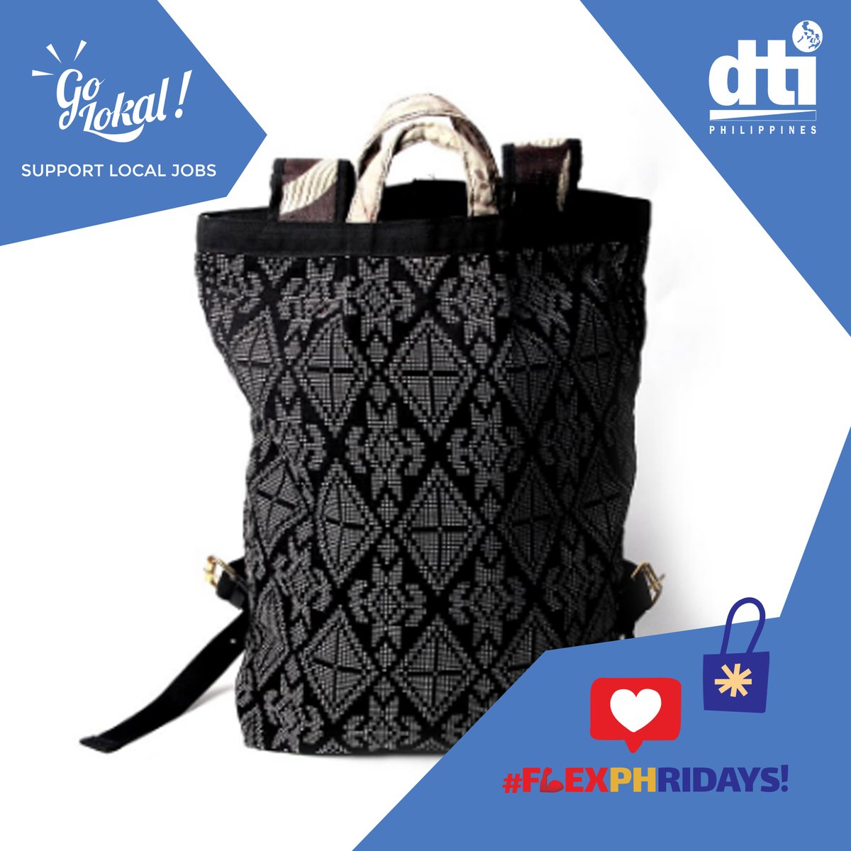 FlexPHridays's tweet photo. #GoLokal and rock your outfit with a Yakan Backpack 🎒 This unisex handwoven bag by Maco Custodio and the Yakan weavers from Basilan showcase the beauty of traditional Yakan cloth! #FashionPhilippines #DesignPhilippines #BuyLocalGoLokal #FlexPHridays https://t.co/ZuvaoXd07p