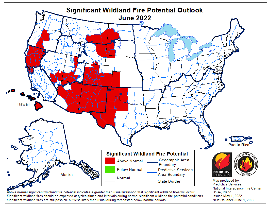 NWSBayArea's tweet photo. It's time to start prepping for increasing fire risk. The outlook for NorCal in June is above normal fire potential! Visit https://t.co/IELcH0BOPM to learn more about wildfire preparedness. Have a plan! https://t.co/tWebpH3jlV