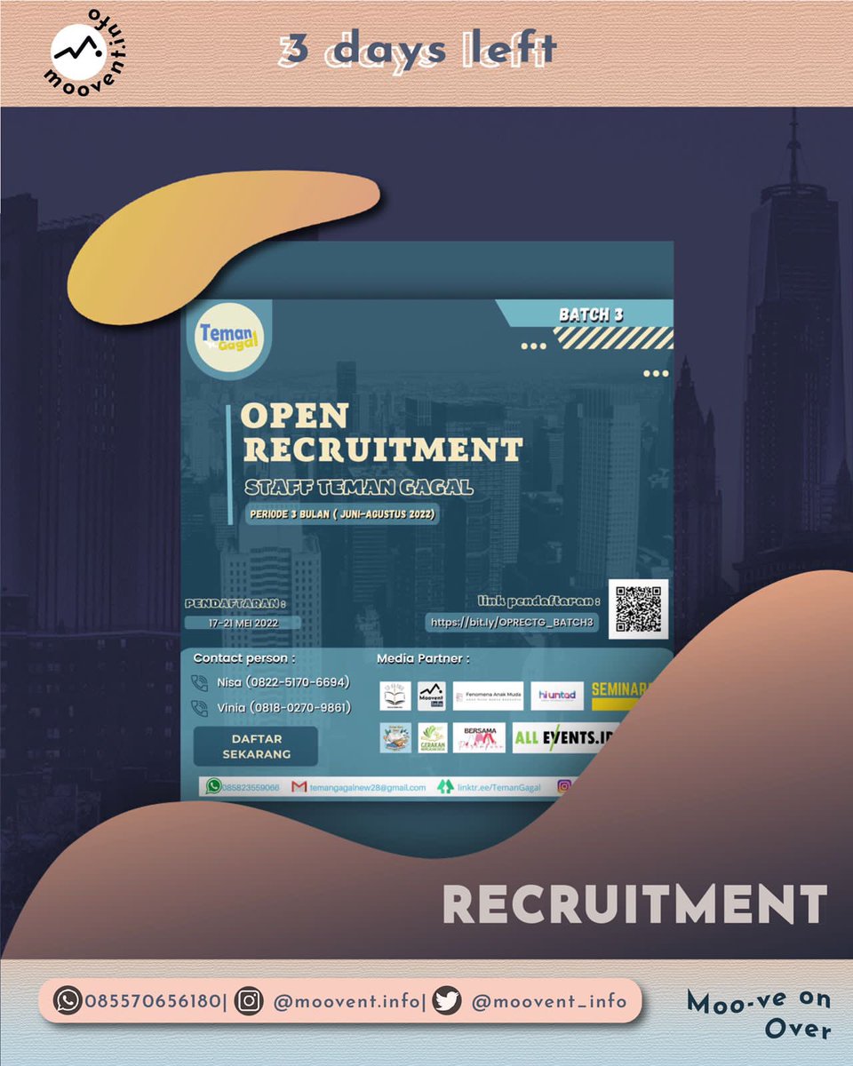 moovent_info's tweet photo. 𝐈𝐍𝐈 | Info Terkini •Recruitment•

Ayo! ikuti 𝐓𝐞𝐦𝐚𝐧 𝐆𝐚𝐠𝐚𝐥: 𝐎𝐩𝐞𝐧 𝐑𝐞𝐜𝐫𝐮𝐢𝐭𝐦𝐞𝐧𝐭

Tidak terasa, seiring waktu berjalan, Teman Gagal berusaha untuk terus berproses dalam belajar dan bertumbuh. Karena dari itu, dalam proses itu pun https://t.co/b9pDXQw1mn