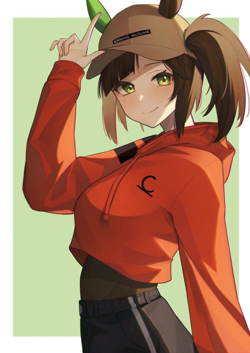 1girl cropped hoodie hood solo green eyes hoodie side ponytail  illustration images
