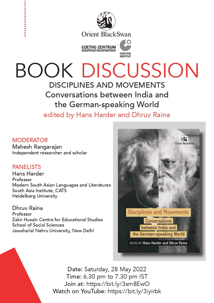 Goethe-Zentrum Hyd (@gz_hyd) on Twitter photo Online book discussion
Disciplines and Movements : Conversation between India and the German-speaking World
Edited by Hans Harder and Dhruv Raina will be in conversation with Mahesh Rangarajan
On Saturday, May 28th || 06:30pm - 07:30pm IST
Register here : bit.ly/3sm8EwO Online book discussion
Disciplines and Movements : Conversation between India and the German-speaking World
Edited by Hans Harder and Dhruv Raina will be in conversation with Mahesh Rangarajan
On Saturday, May 28th || 06:30pm - 07:30pm IST
Register here : bit.ly/3sm8EwO